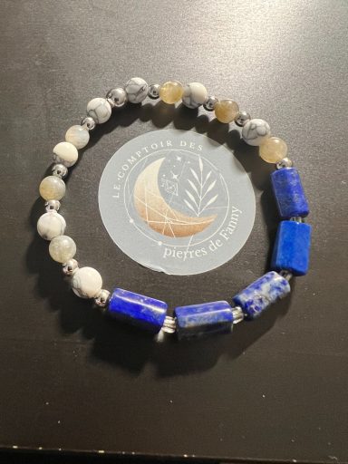 Bracelet Labradorite, Howlite & Lapis Lazuli (perles 6 mm + tubes) Bracelet Labradorite, Howlite & Lapis Lazuli (perles 6 mm + tubes)